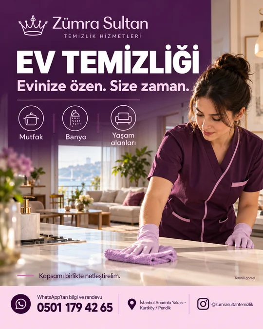Zümra Sultan ev temizliği afişi; temsili temizlik sahnesi, bilgi ve randevu: 0501 179 42 65
