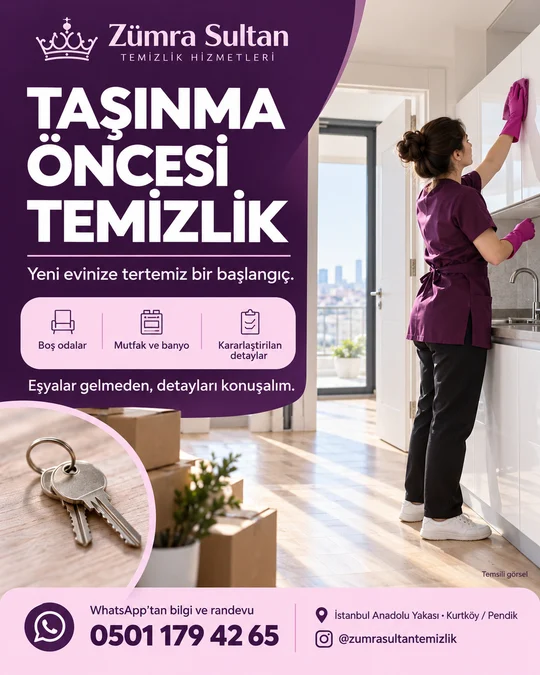 Zümra Sultan taşınma öncesi temizlik afişi; temsili temizlik sahnesi, bilgi ve randevu: 0501 179 42 65